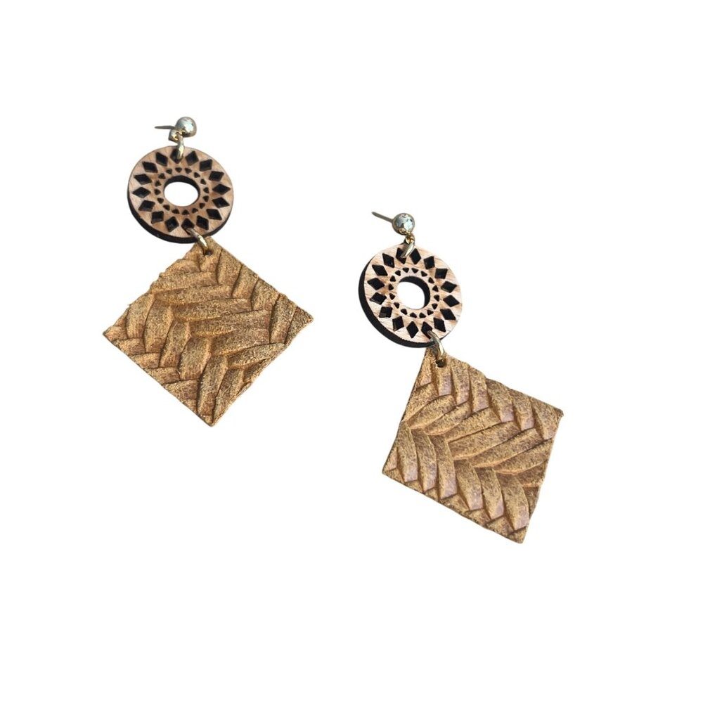 Leather Mandala Dangle Earrings Laser Cut Wood Pierced Gold Tone 2.5" NWOT